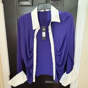 Fashion Nova Purple Button-Front Top with White Contrast Collar & Cuffs